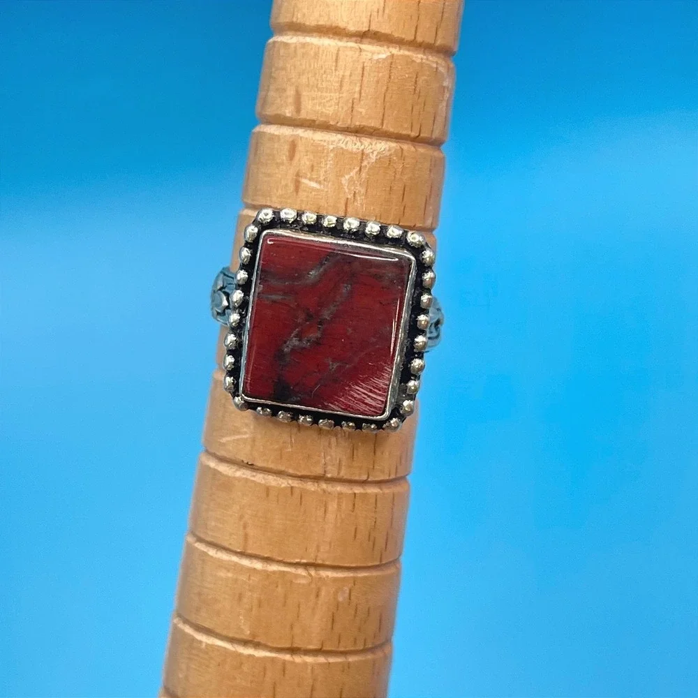 Square Red Jasper Ring 7 Silver Boho Silver Plated Floral Band‎ Boho Southwest